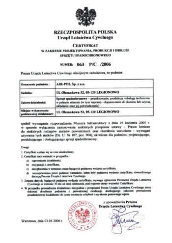 Certyfikat w zakresie projektowania produkcji i obslugi sp. spadochronowego